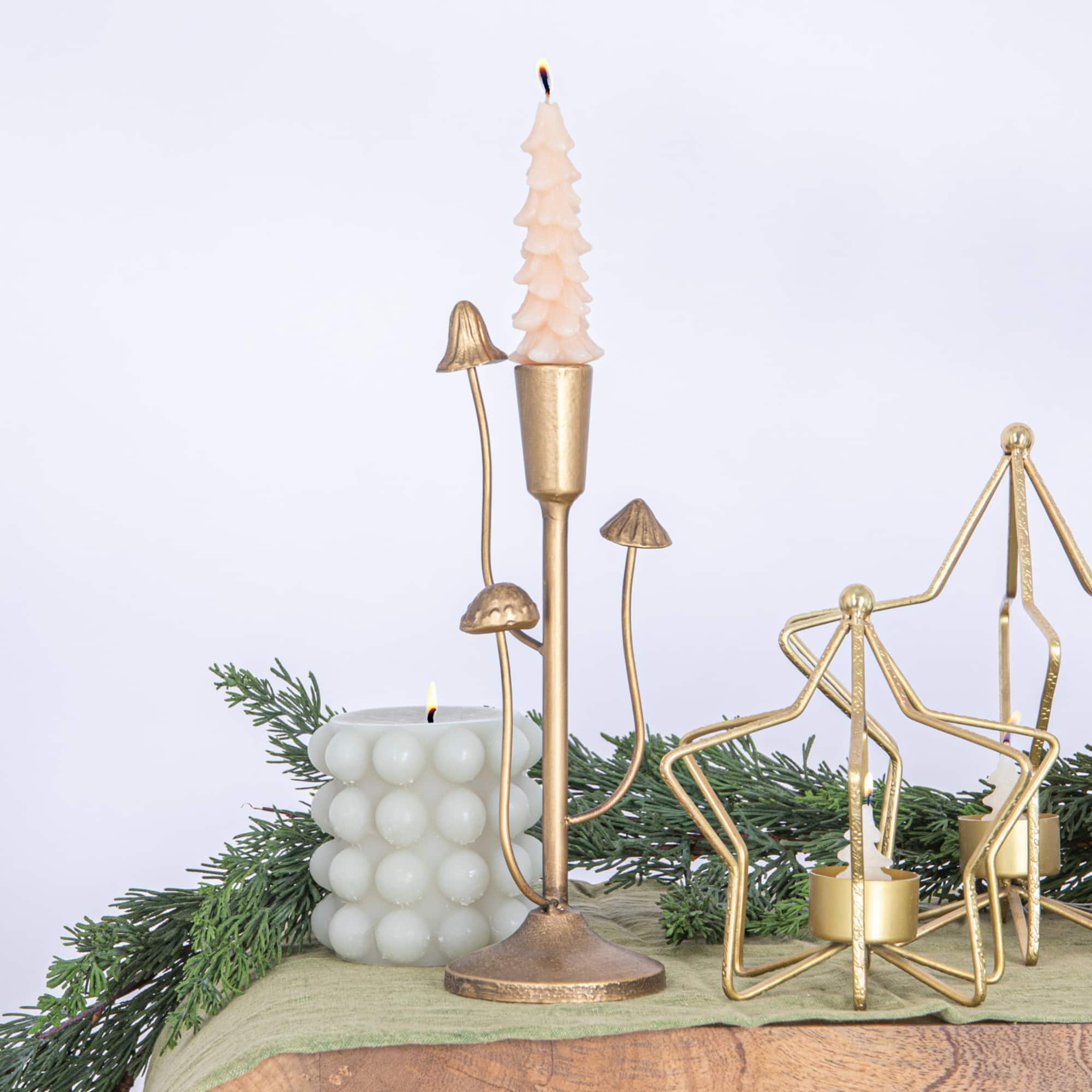 Hello Honey® 11" Antique Gold Mushroom Metal Taper Candle Holder